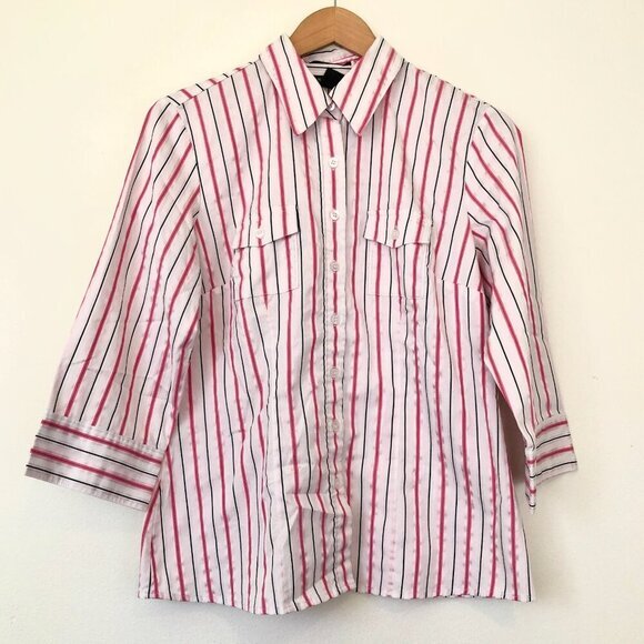 STYLE & CO White Pink Black Striped 3/4 Sleeve Work Preppy Button Down Shirt 10 - Picture 1 of 5